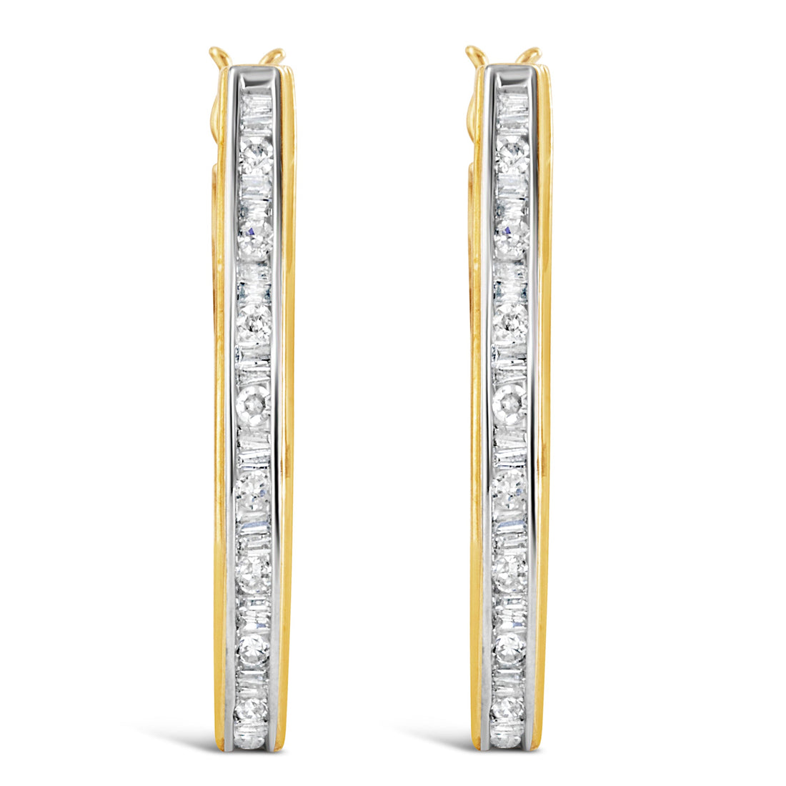 10K Yellow Gold 1.00 Cttw Round and Baguette-Cut Diamond U-Hoop Earrings (H-I Color, SI2-I1 Clarity) by Bids.com