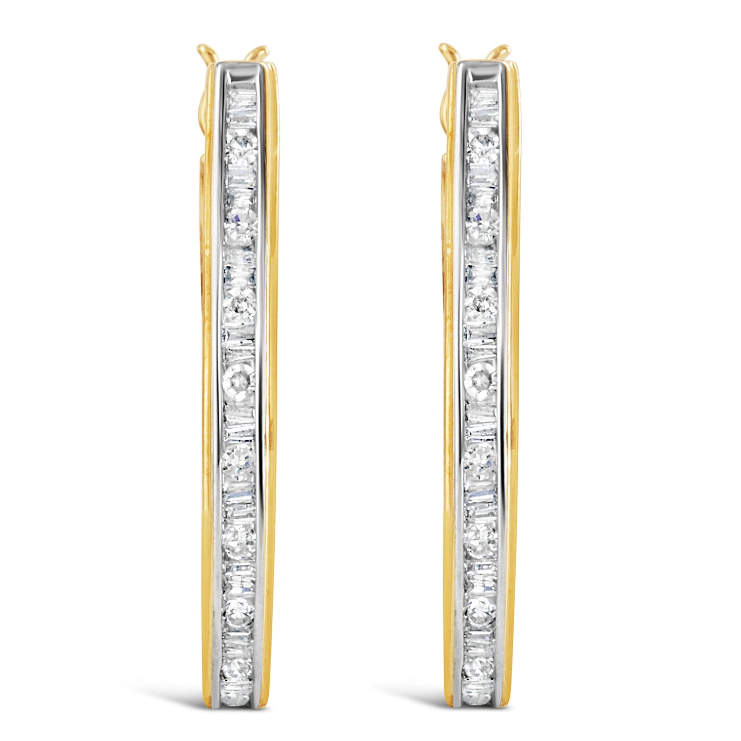 10K Yellow Gold 1.00 Cttw Round and Baguette-Cut Diamond U-Hoop Earrings (H-I Color, SI2-I1 Clarity) by Bids.com