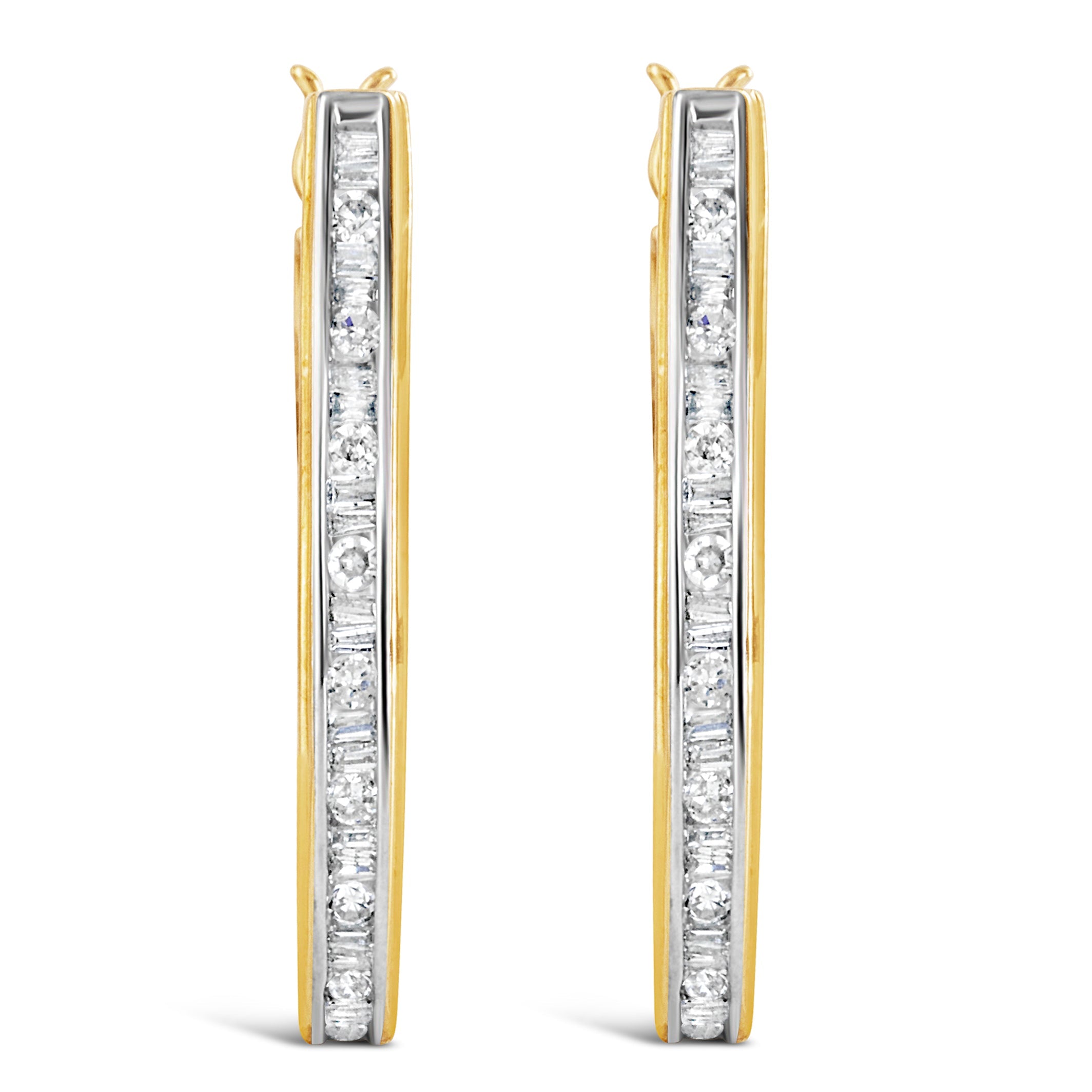 10K Yellow Gold 1.00 Cttw Round and Baguette-Cut Diamond U-Hoop Earrings (H-I Color, SI2-I1 Clarity) by Bids.com