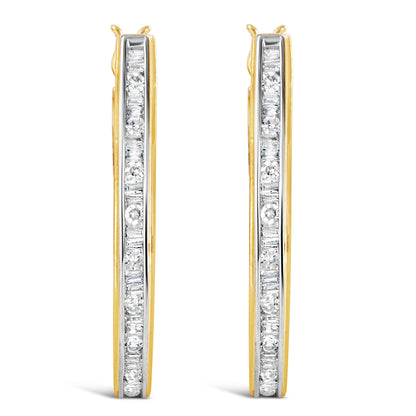 10K Yellow Gold 1.00 Cttw Round and Baguette-Cut Diamond U-Hoop Earrings (H-I Color, SI2-I1 Clarity) by Bids.com