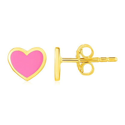 14k Yellow Gold and Enamel Pink Heart Stud Earrings by Bids.com