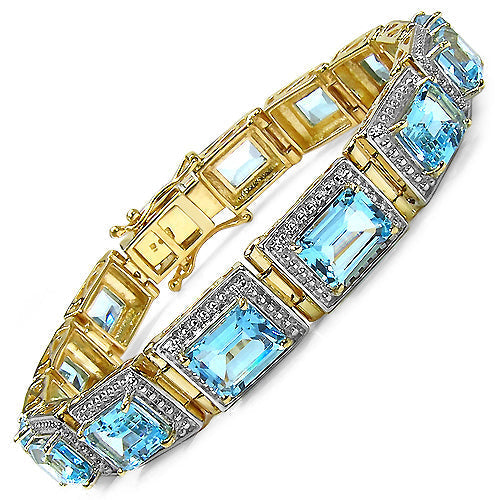 14K Yellow Gold Plated 24.05 Carat Genuine Blue Topaz .925 Sterling Silver Bracelet  DestGlow