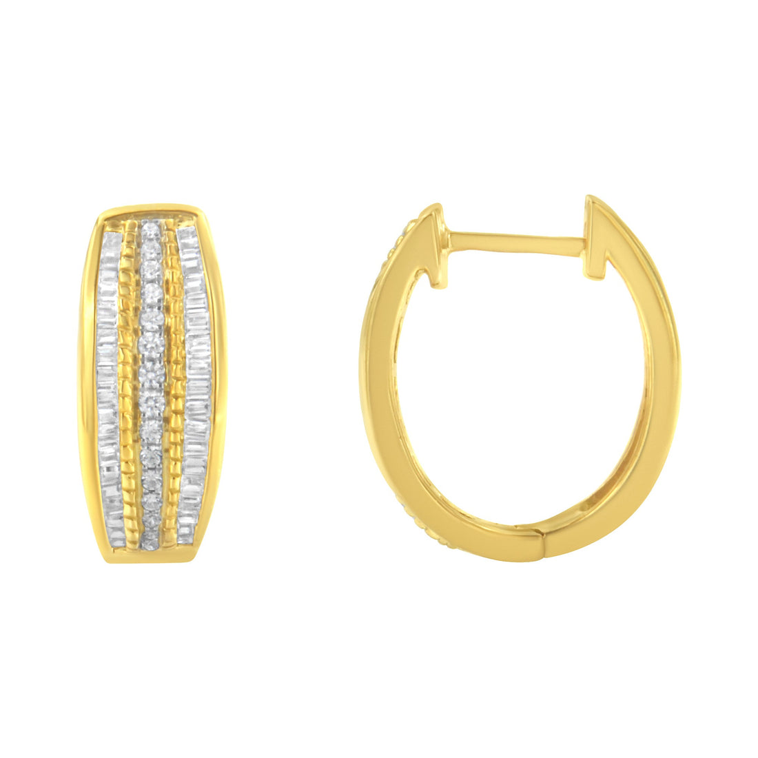 10K Yellow Gold 3/4 Cttw Pave and Channel Set Diamond Triple Row Modern Hoop Earrings (I-J Color, I2-I3 Clarity) by Bids.com