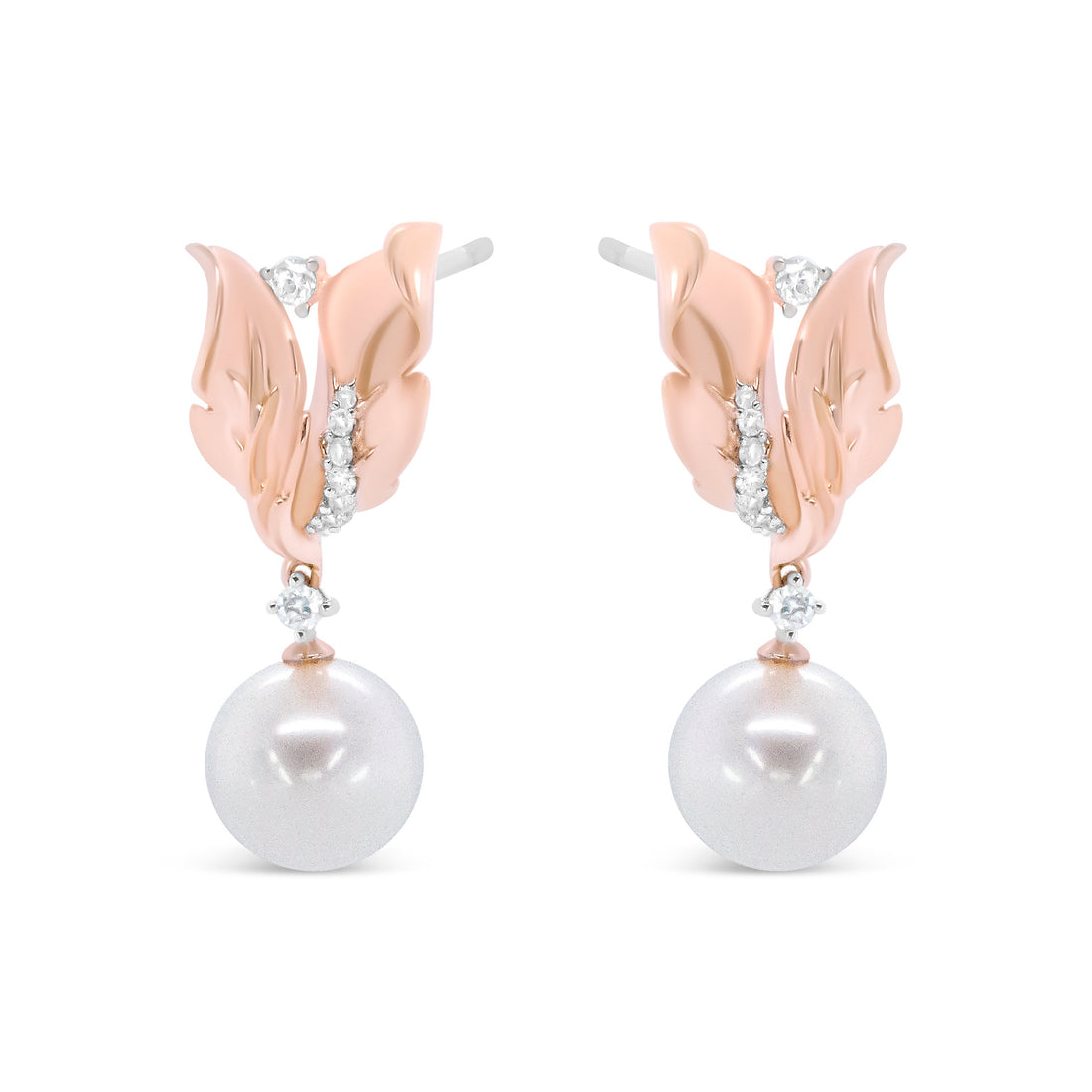 14K Rose Gold 1/6 Cttw Round Diamond and 8mm Round Pearl Floral Drop Stud Earrings (H-I Color, I1-I2 Clarity) by Bids.com
