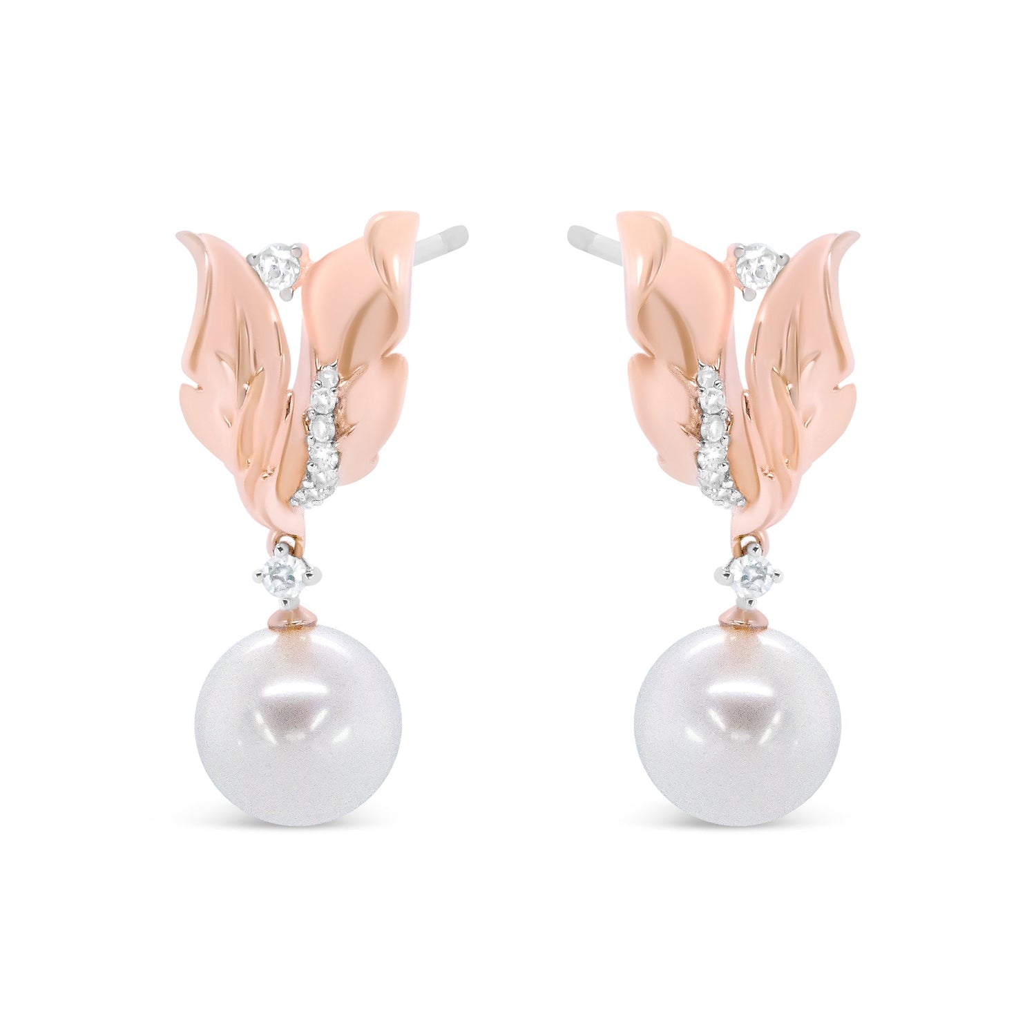 14K Rose Gold 1/6 Cttw Round Diamond and 8mm Round Pearl Floral Drop Stud Earrings (H-I Color, I1-I2 Clarity) by Bids.com