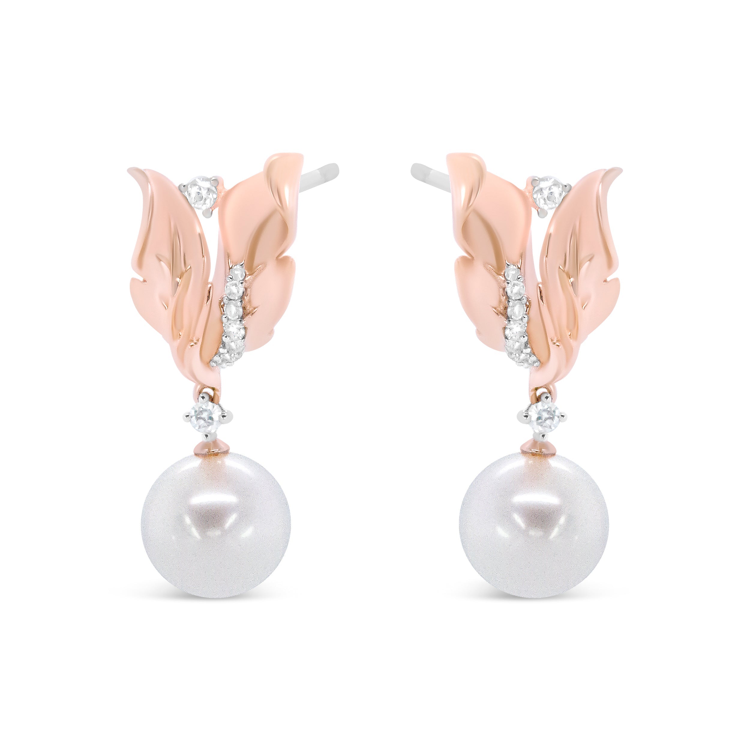 14K Rose Gold 1/6 Cttw Round Diamond and 8mm Round Pearl Floral Drop Stud Earrings (H-I Color, I1-I2 Clarity) by Bids.com
