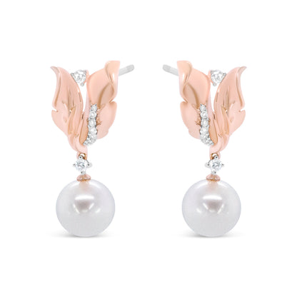 14K Rose Gold 1/6 Cttw Round Diamond and 8mm Round Pearl Floral Drop Stud Earrings (H-I Color, I1-I2 Clarity) by Bids.com