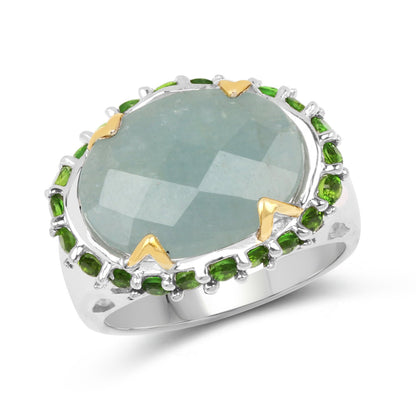 Two Tone Plated 9.12 Carat Genuine Milky Aquamarine and Chrome Diopside .925 Sterling Silver Ring by Bids.com