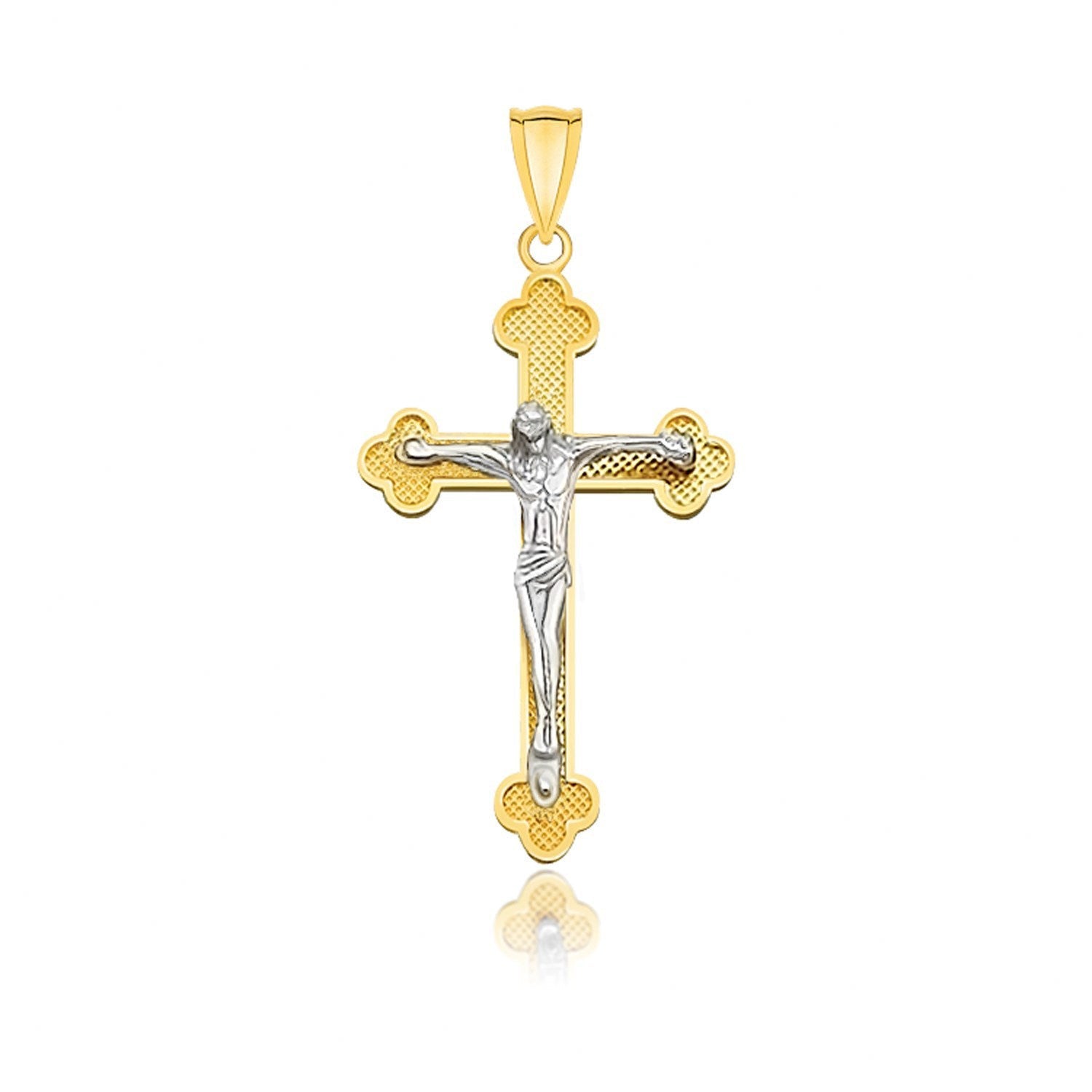 14k Two-Tone Gold Small Budded Style Cross with Figure Pendant  DestGlow