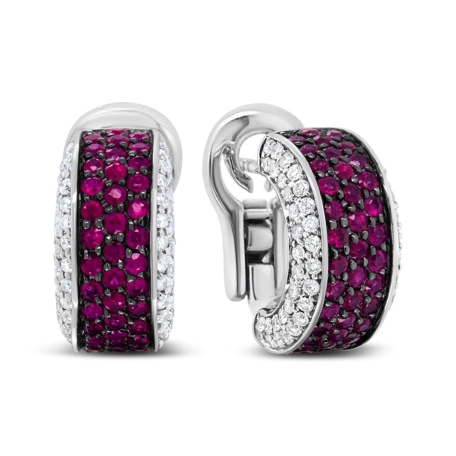 18K White Gold and Black Rhodium Plated 3/4 Cttw Round Diamonds and 1mm Round Red Ruby Huggie Hoop Earrings (F-G Color, VS1-VS2 Clarity) by Bids.com