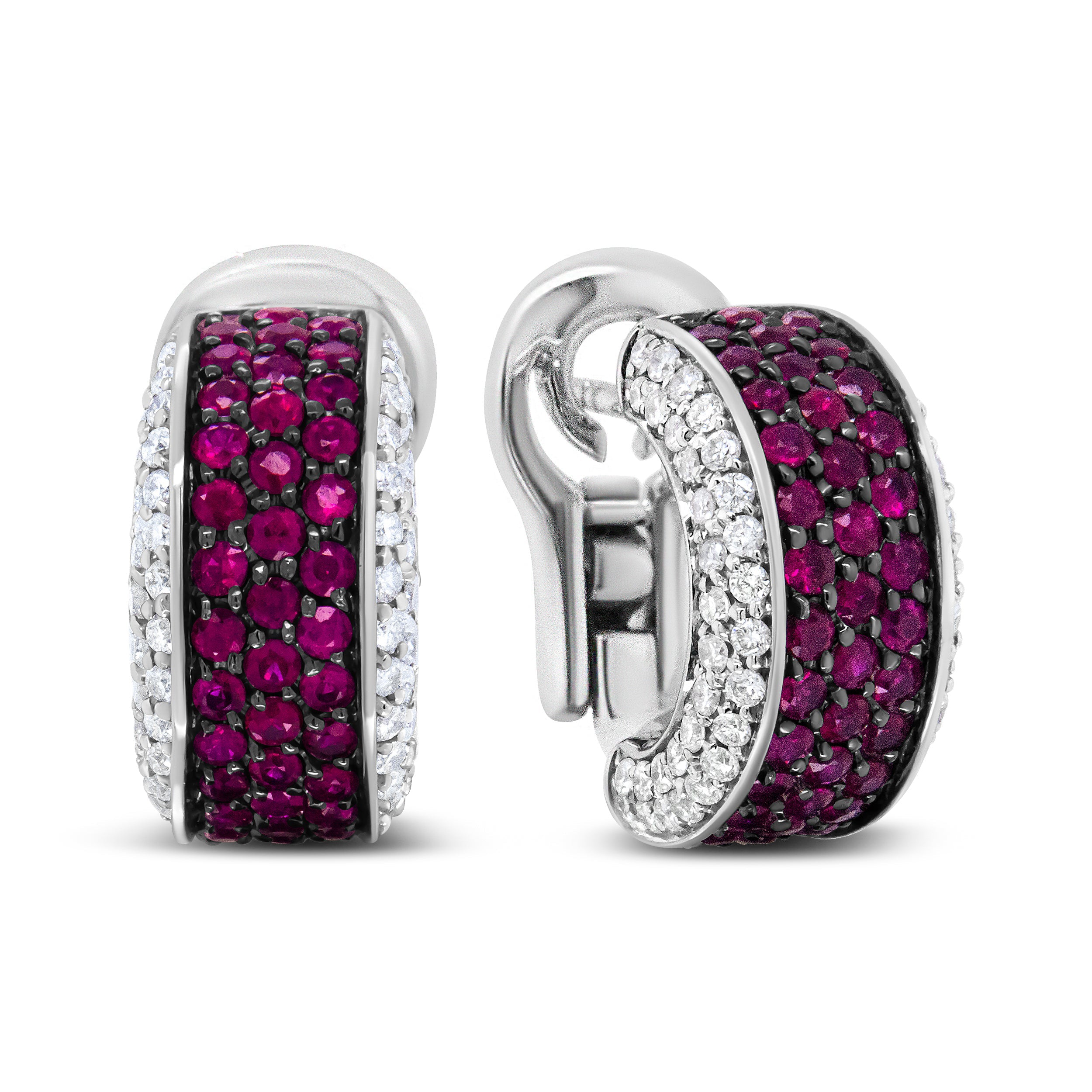 18K White Gold and Black Rhodium Plated 3/4 Cttw Round Diamonds and 1mm Round Red Ruby Huggie Hoop Earrings (F-G Color, VS1-VS2 Clarity) by Bids.com