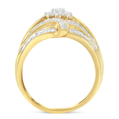 10K Yellow Gold Flashed .925 Sterling Silver 1-1/8 Cttw Round &amp; Baguette Diamond &