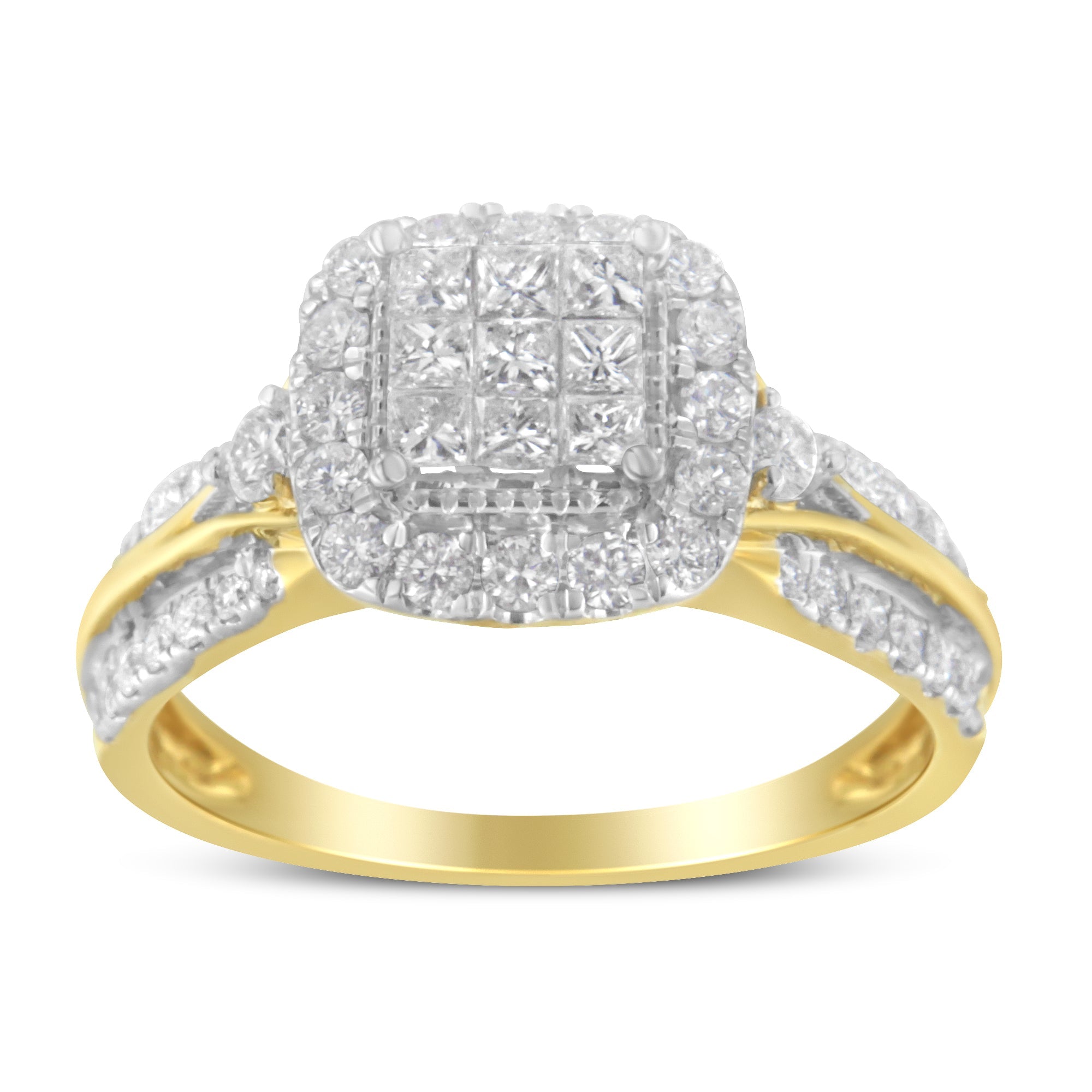 10K Yellow Gold 1.0 Cttw Diamond Composite Cushion-Shape Halo 3-Band-Look Engagement Ring (H-I Color, SI1-SI2 Clarity) - Size 6-1/4 by Bids.com