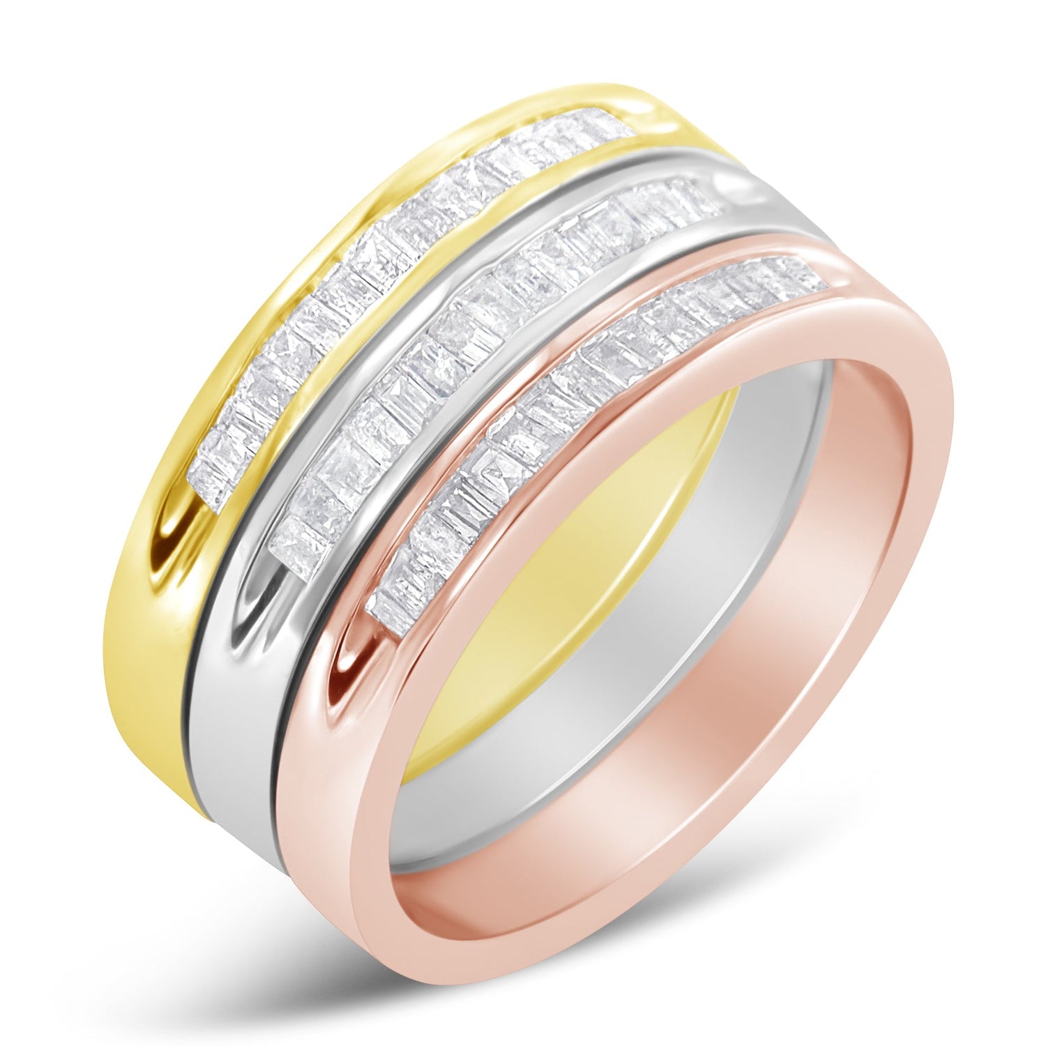 10K Yellow, White and Rose Gold over .925 Sterling Silver 5/8 Cttw Diamond Channel-Set Stackable Band Ring Set (H-I Color, I1-I2 Clarity) - Size 6 3/4 by Bids.com