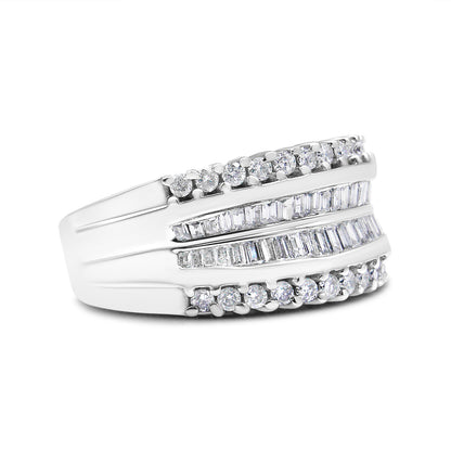14K White Gold 1.00 Cttw Round and Baguette-Cut Diamond Modern Band Ring (H-I Color, SI2-I1 Clarity) - Ring Size 7 by Bids.com