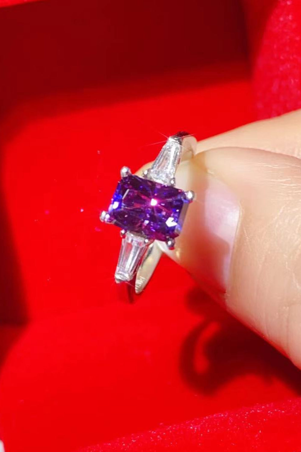1 Carat Purple Emerald-Cut Sparkala™ Platinum-Plated Rectangle Ring in Purple by Sparkala