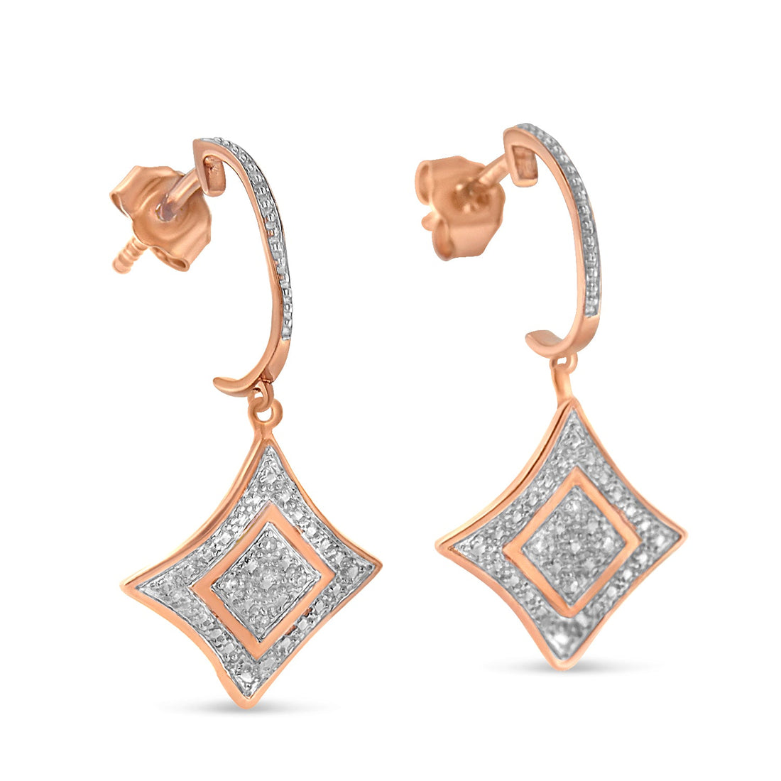 10K Rose Gold Plated Sterling Silver Round Cut Diamond Cushion Dangle Earrings (0.04 cttw, H-I Color, I2-I3 Clarity) by Bids.com