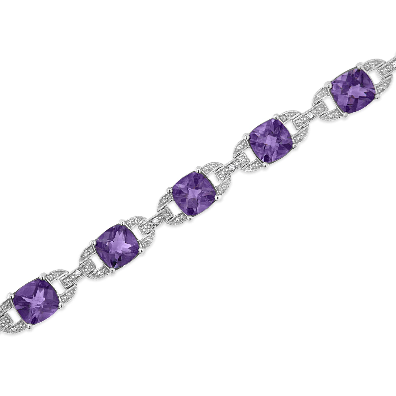 .925 Sterling Silver 7mm Cushion Cut Amethyst Gemstone and Diamond Tennis Link Bracelet (I-J Color, I1-I2 Clarity) - Size 7" by Bids.com