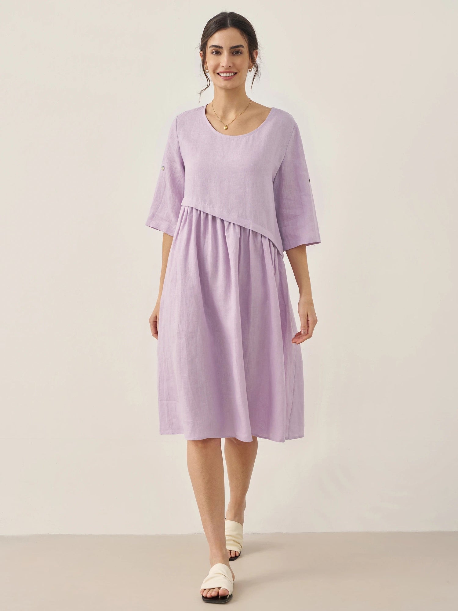 100% Linen Asymmetrical Pleated Round Neck Midi Dress YOLANDA by LINTICO