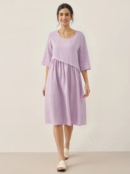 100% Linen Asymmetrical Pleated Round Neck Midi Dress YOLANDA by LINTICO
