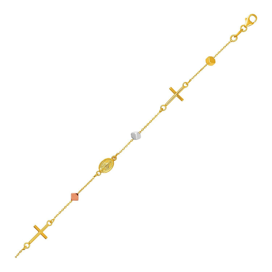 14k Tri Color Gold Bracelet with Crosses Cubes and Medallions by Bids.com