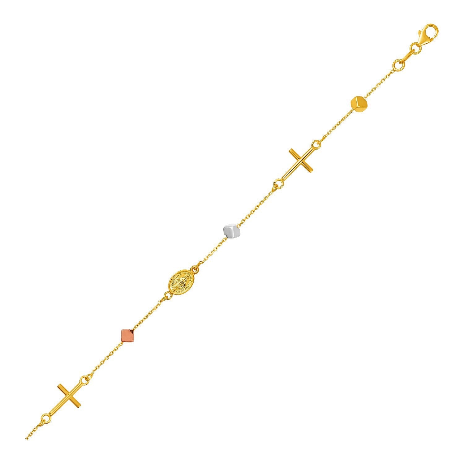 14k Tri Color Gold Bracelet with Crosses Cubes and Medallions by Bids.com
