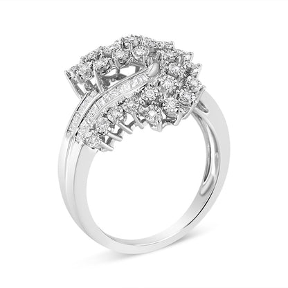 10K White Gold 1/2 Cttw Round and Baguette-Cut "S" Shaped Bypass Cocktail Ring (I-J Color, I1-I2 Clarity) - Size 7 by Bids.com