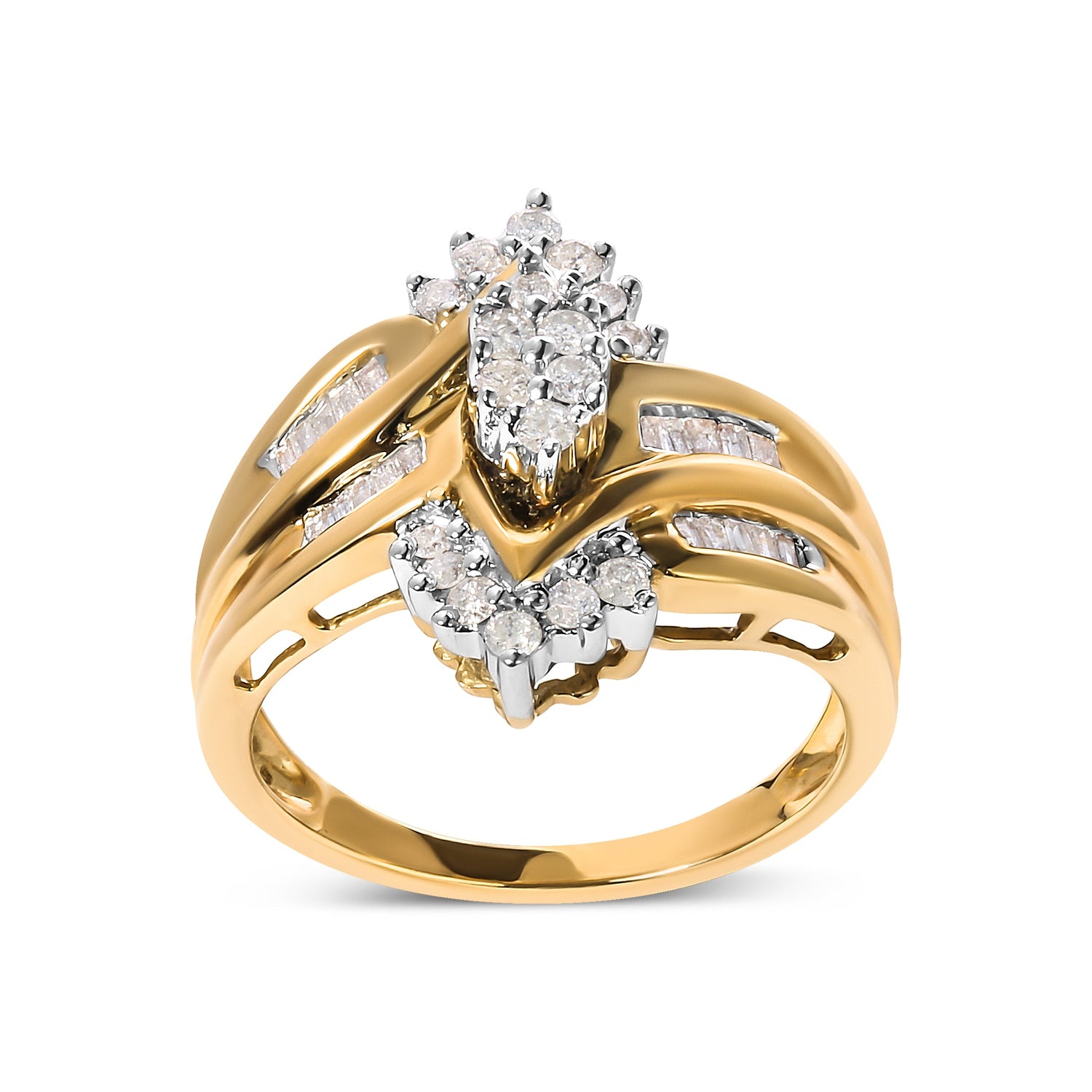 10K Two-Toned 1/2 Cttw Round And Baguette-Cut Composite Pear Head Diamond Ring (H-I Color, I2-I3 Clarity) - Ring Size 7 by Bids.com