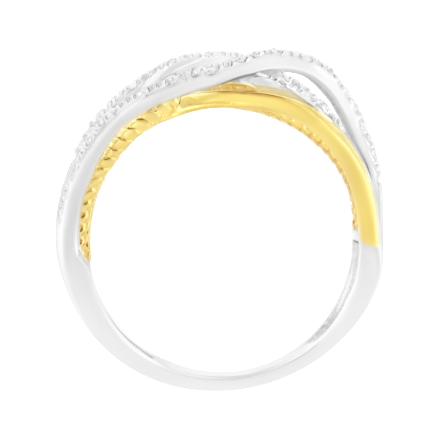 10K Yellow Gold Plated .925 Sterling Silver 1/10 Cttw Diamond Multi Row Crossover Ring Band (I-J Color, I1-I2 Clarity) - Size 7  DestGlow