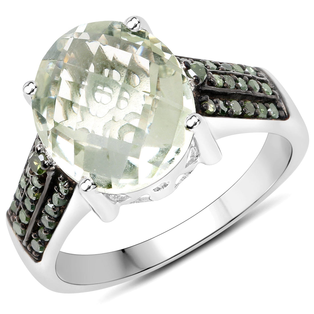 4.41 Carat Genuine Green Amethyst and Green Diamond .925 Sterling Silver Ring by Bids.com
