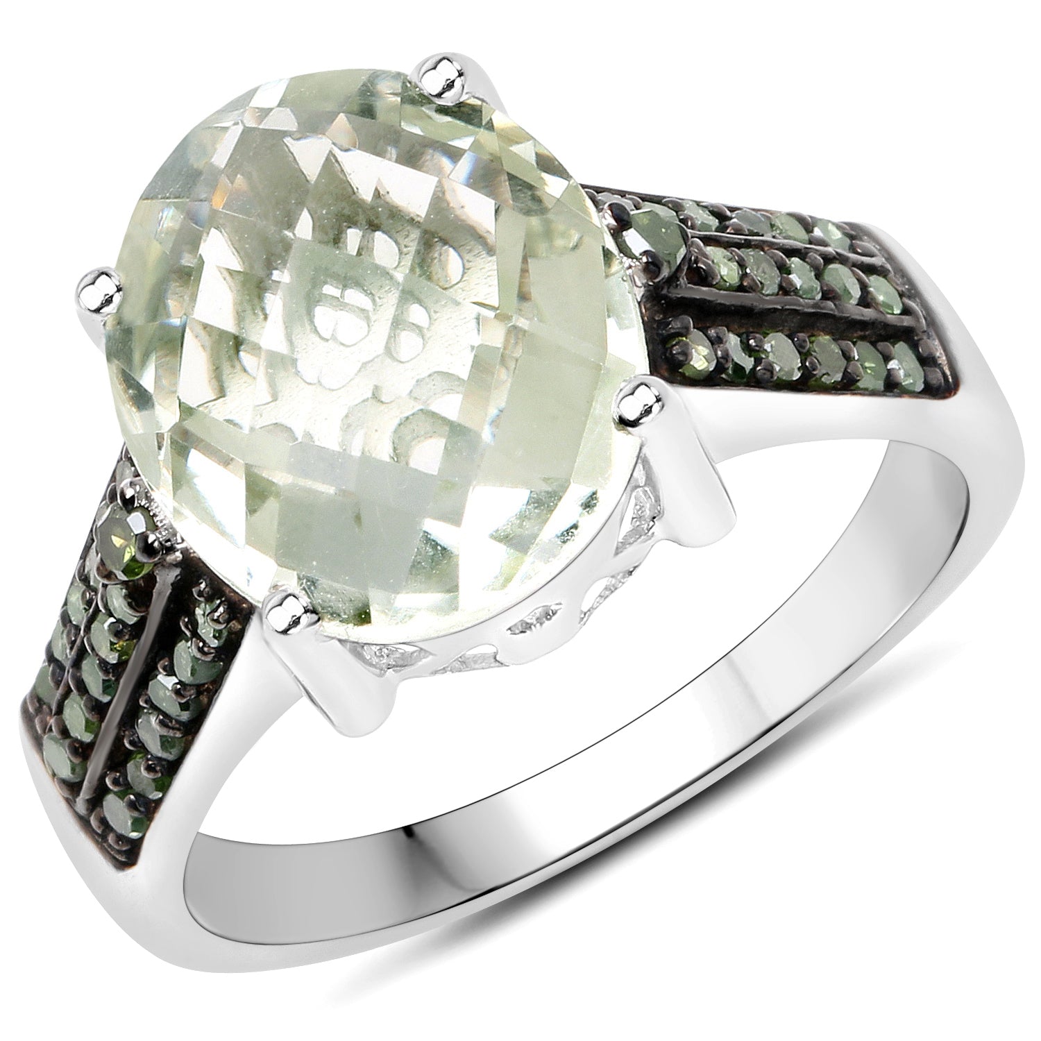 4.41 Carat Genuine Green Amethyst and Green Diamond .925 Sterling Silver Ring by Bids.com