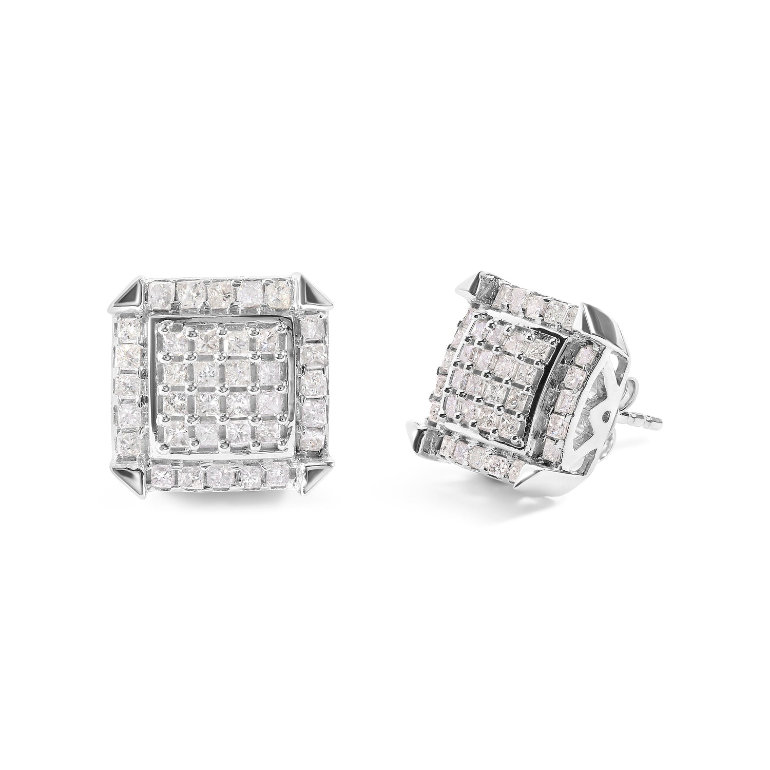 10K White Gold 1 1/10 Cttw Princess Diamond Composite and Halo Stud Earrings (I-J Color, I1-I2 Clarity) by Bids.com