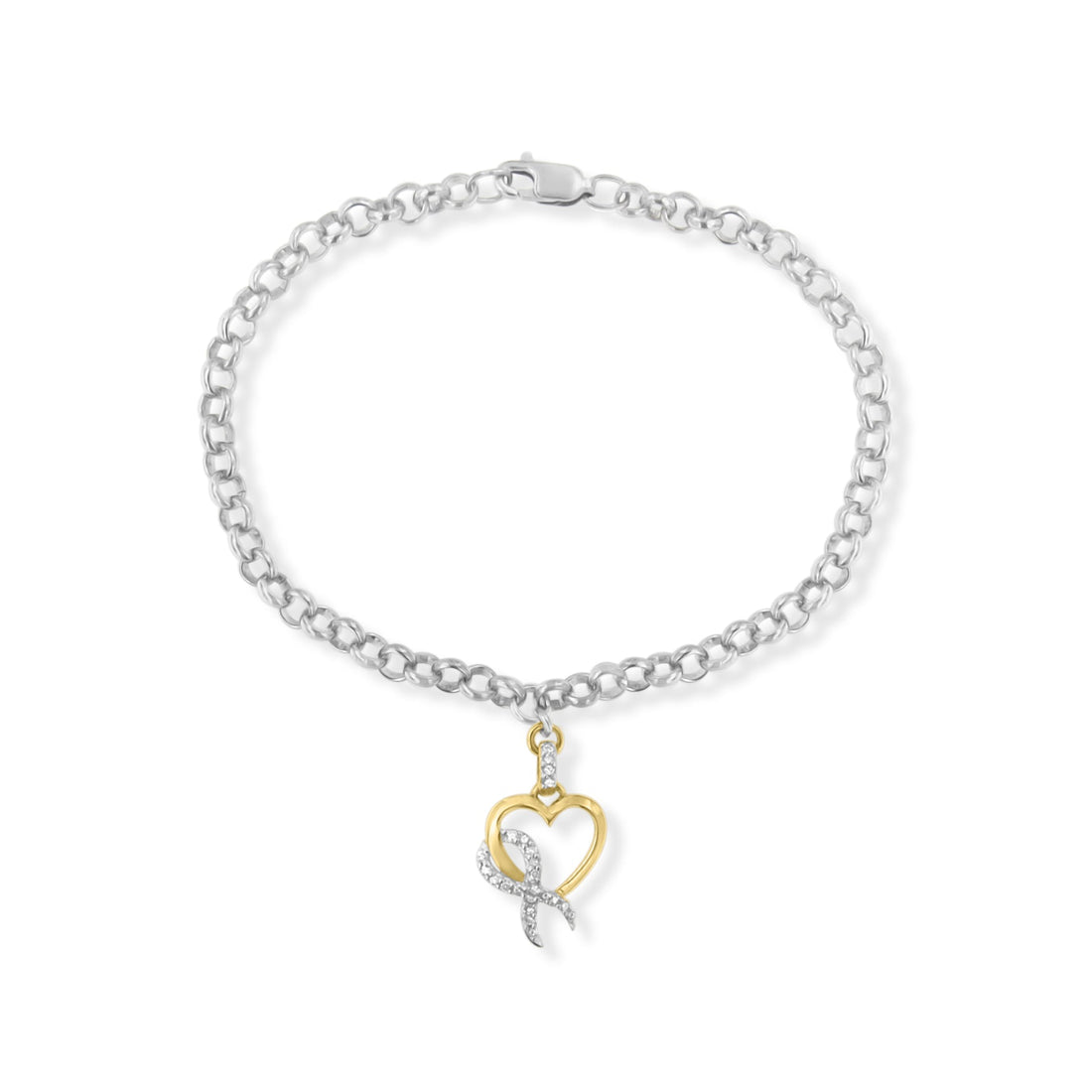 10K Yellow Gold 1/10 Cttw Diamond Awareness Ribbon &amp; Heart Charm on 7" .925 Sterling Silver Rolo Bracelet (H-I Color, I1-I2 Clarity) by Bids.com