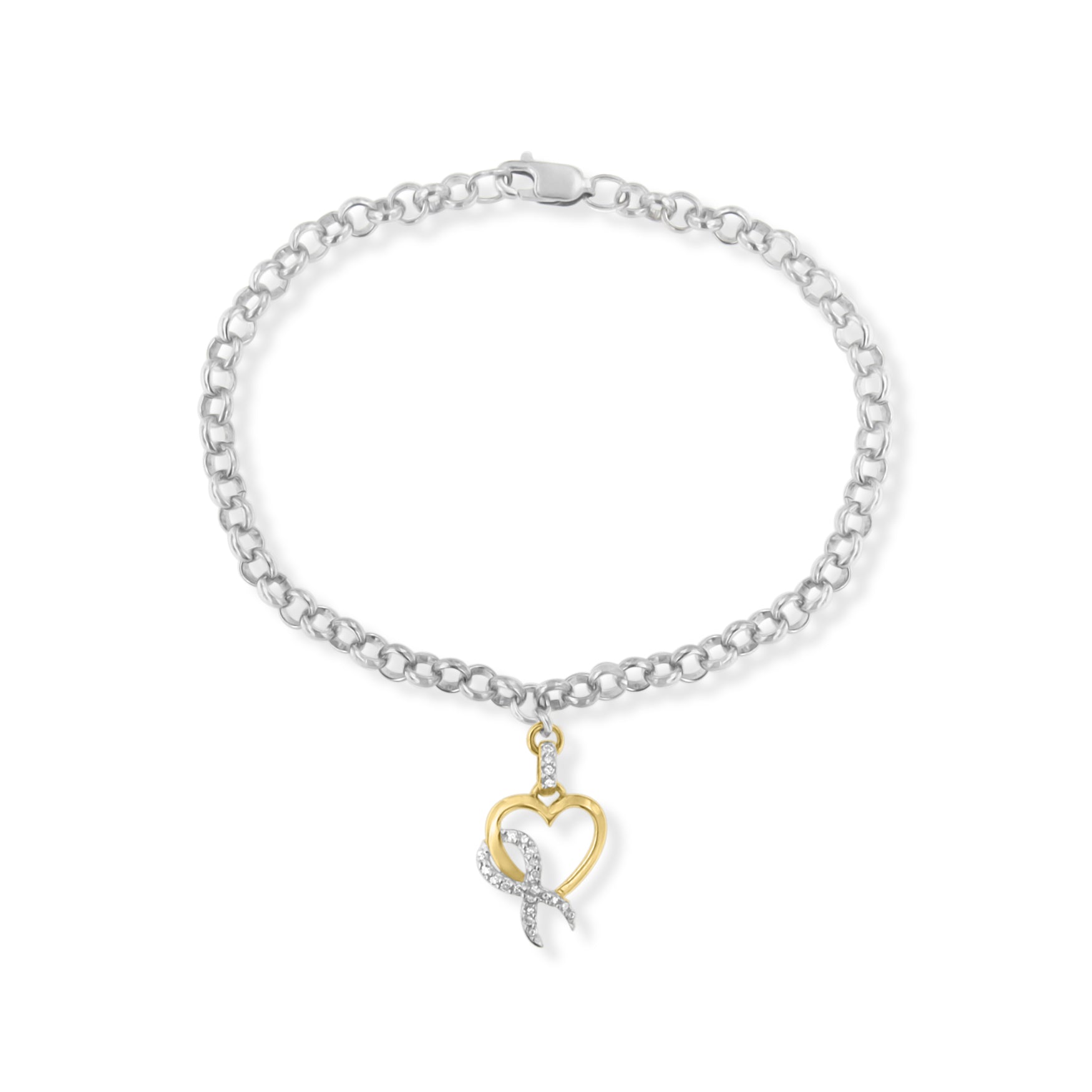 10K Yellow Gold 1/10 Cttw Diamond Awareness Ribbon &amp; Heart Charm on 7" .925 Sterling Silver Rolo Bracelet (H-I Color, I1-I2 Clarity) by Bids.com