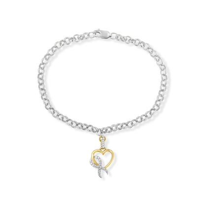 10K Yellow Gold 1/10 Cttw Diamond Awareness Ribbon &amp; Heart Charm on 7" .925 Sterling Silver Rolo Bracelet (H-I Color, I1-I2 Clarity) by Bids.com