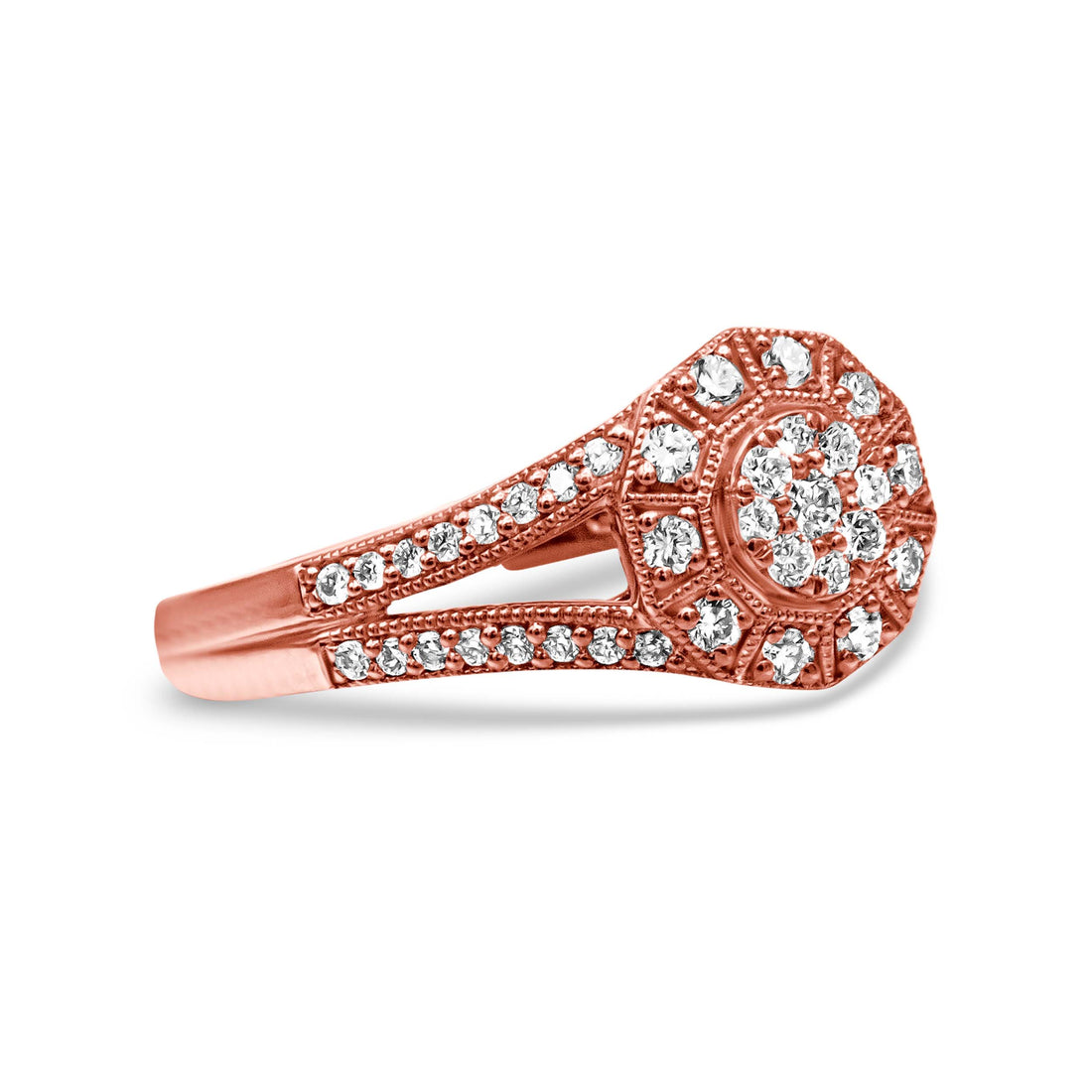 14K Rose Gold Plated .925 Sterling Silver 1/2 Cttw Pave Diamond Halo Cluster Split Shank Cocktail Ring (I-J Color, I1-I2 Clarity) - Size 6 by Bids.com