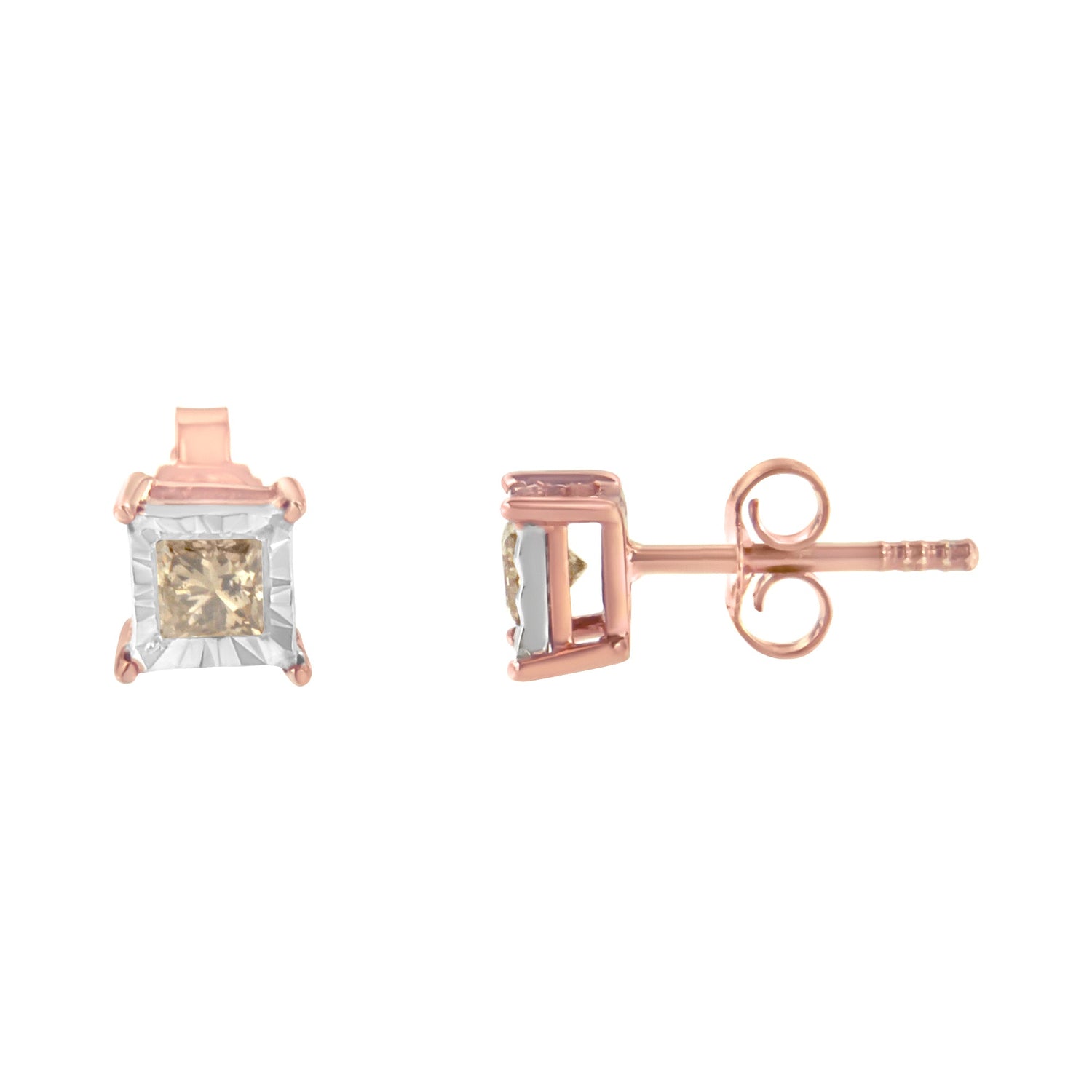 14K Rose Gold Plated Two-Tone .925 Sterling Silver 1/2 Cttw Princess-Cut Square Diamond Solitaire Miracle-Plate Stud Earrings (K-L Color, I2-I3 Clarity) by Bids.com