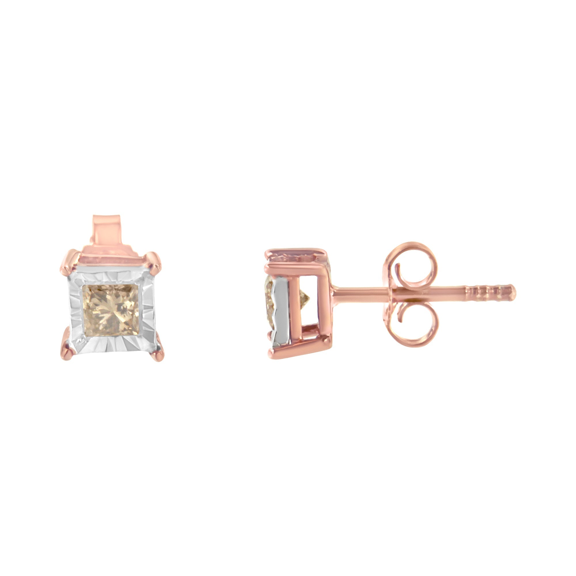 14K Rose Gold Plated Two-Tone .925 Sterling Silver 1/2 Cttw Princess-Cut Square Diamond Solitaire Miracle-Plate Stud Earrings (K-L Color, I2-I3 Clarity) by Bids.com