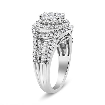 14K White Gold 1 1/2 Cttw Diamond Floral Cluster and Studded Shank Halo Ring (H-I Color, SI2-I1 Clarity) - Ring Size 7 