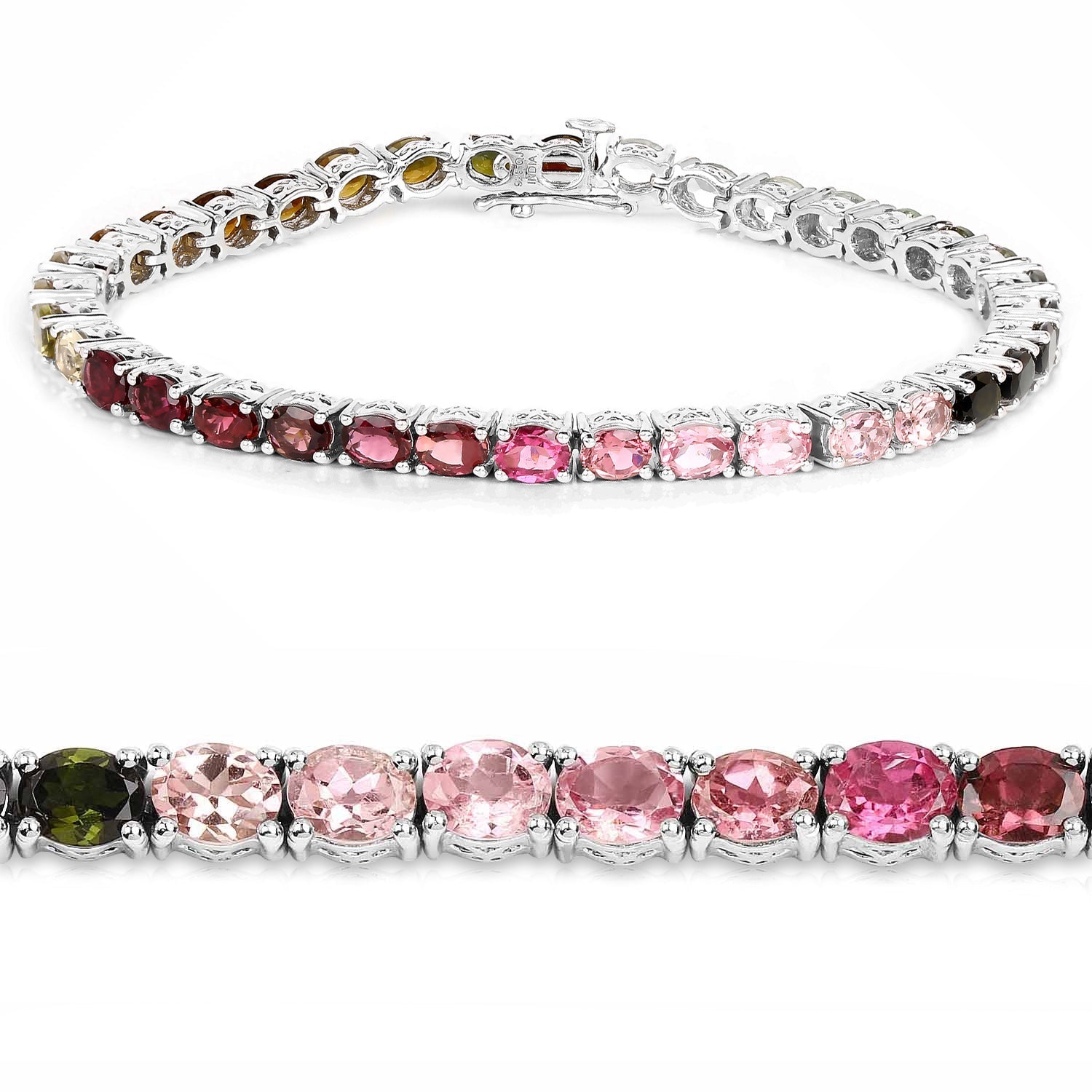 11.16 Carat Genuine Pink Tourmaline, Green Tourmaline and Brown Tourmaline .925 Sterling Silver Bracelet  DestGlow