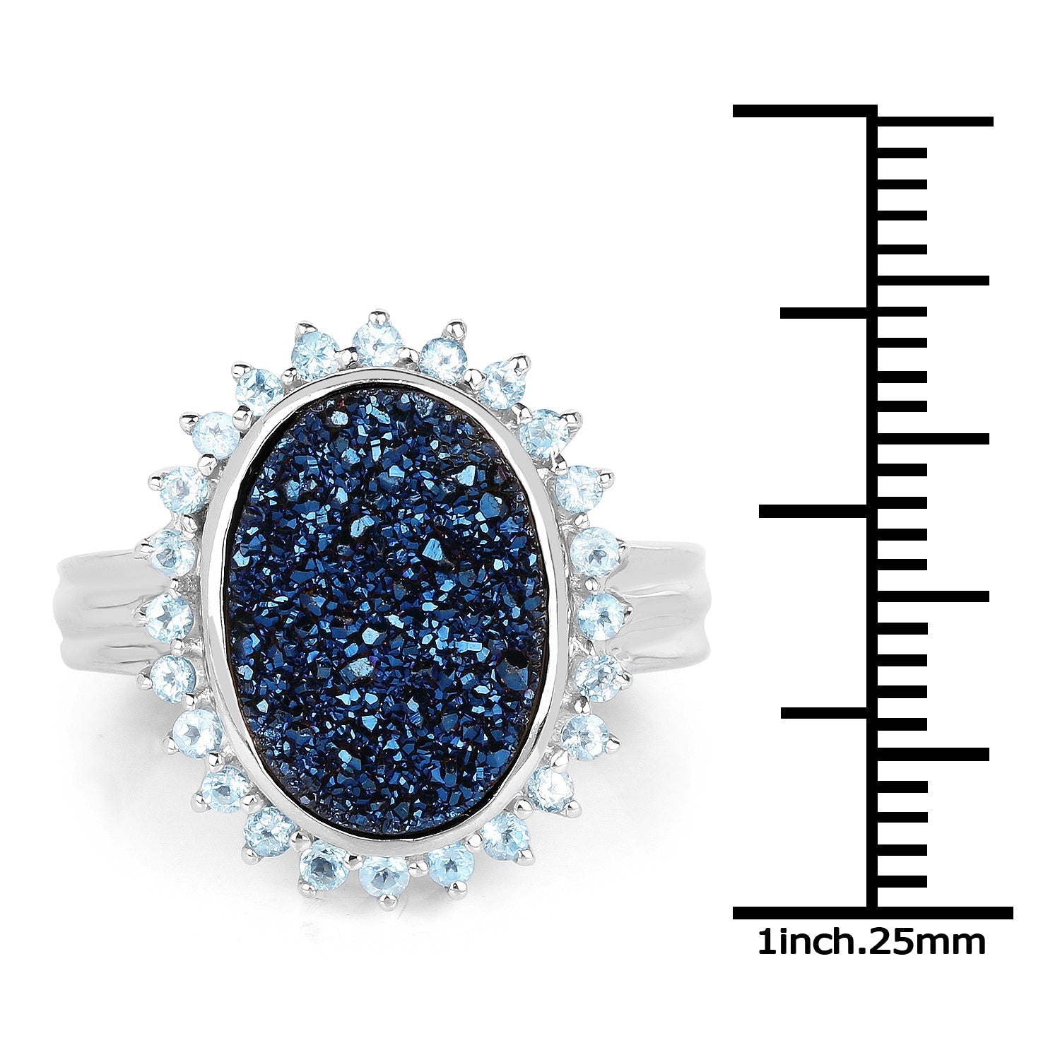 3.68 Carat Genuine Cobalt Blue Drusy &amp; Swiss Blue Topaz .925 Sterling Silver Ring  DestGlow