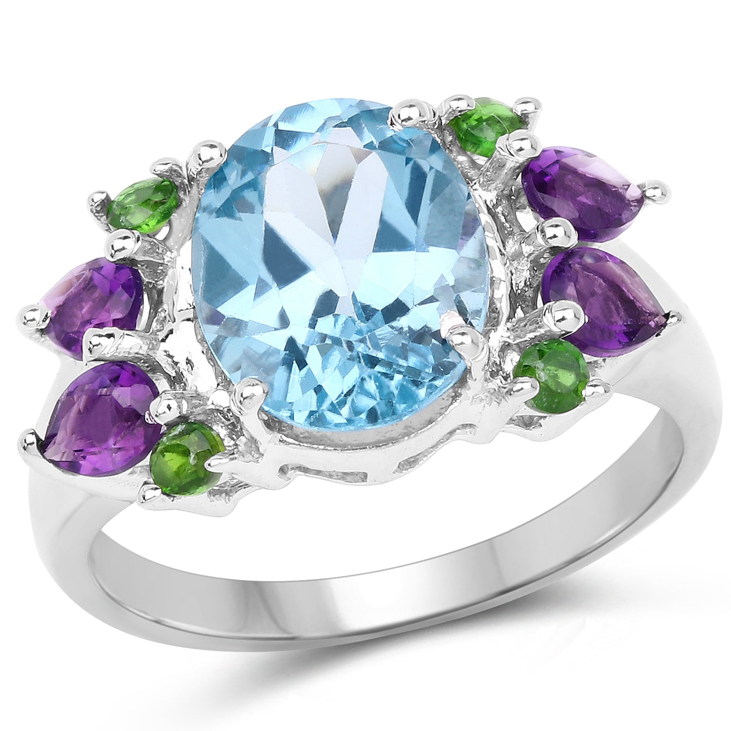 4.00 Carat Genuine Swiss Blue Topaz, Chrome Diopside &amp; Amethyst .925 Sterling Silver Ring  DestGlow