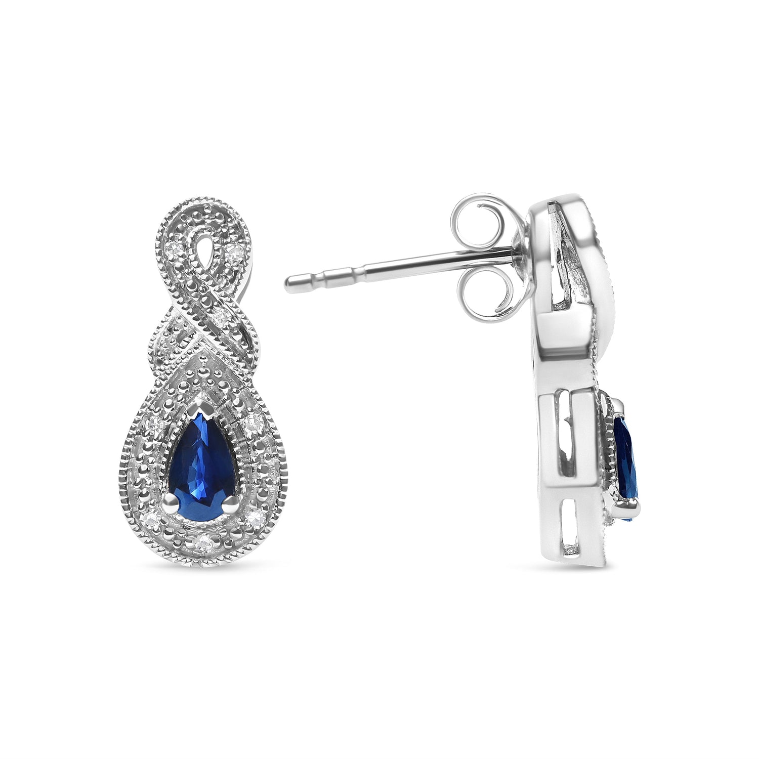 .925 Sterling Silver 4.5 x 3mm Pear Sapphire Gemstone and Diamond Accent Infinity Drop Stud Earrings (H-I Color, SI1-SI2 Clarity) by Bids.com