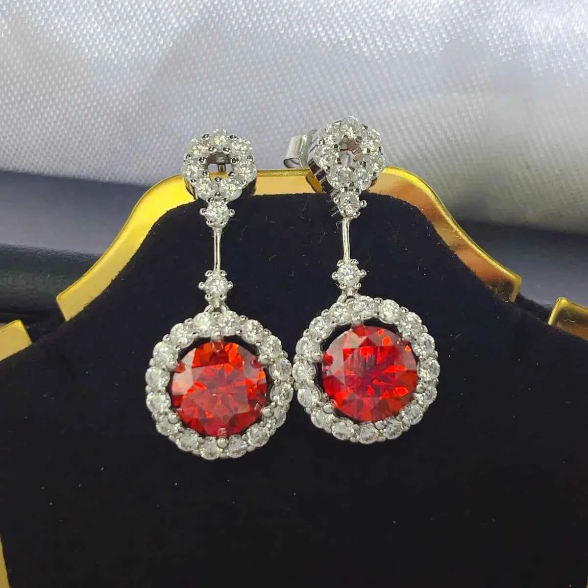 4 Carat Ruby Red Crystal Drop Earrings with Rhinestone Halo