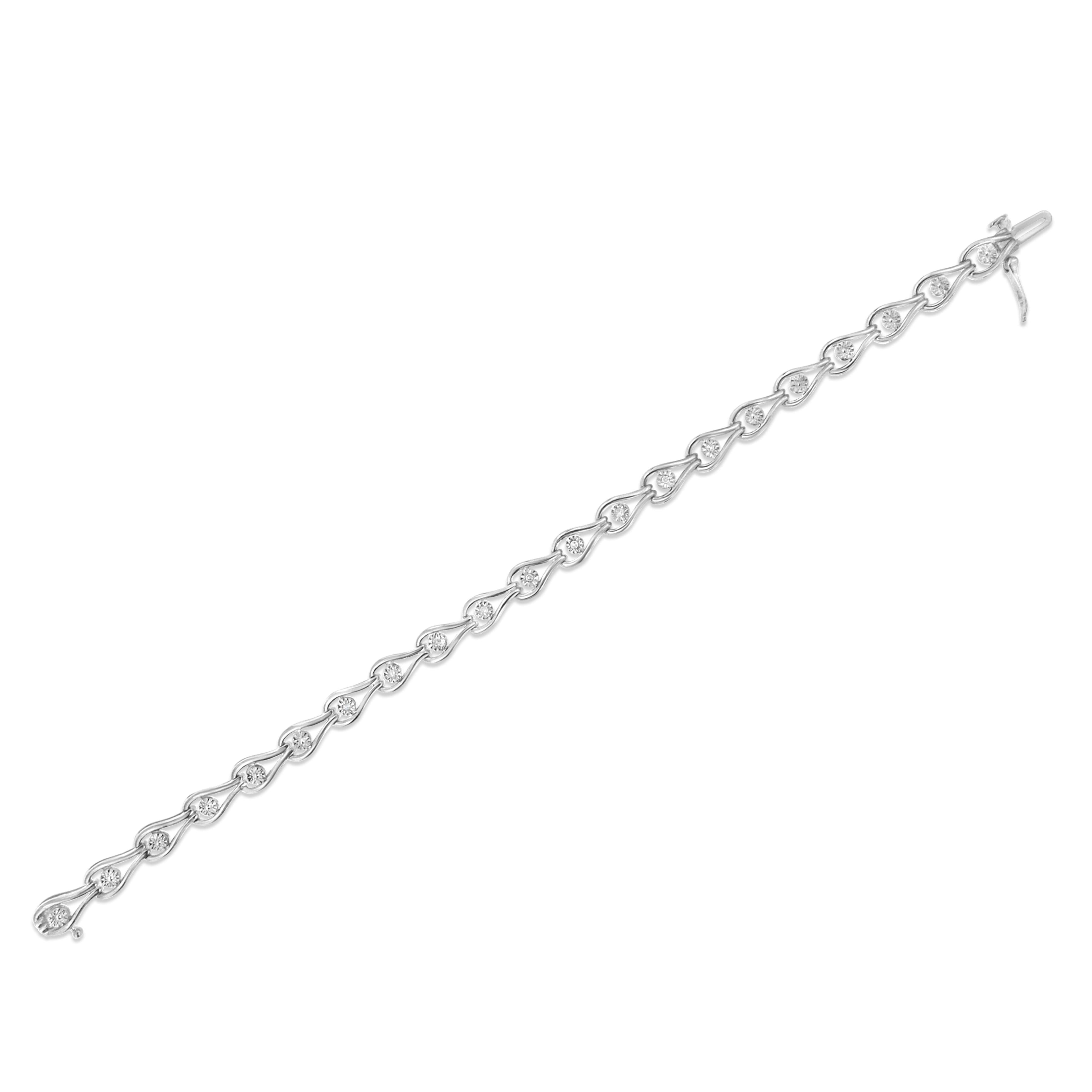 .925 Sterling Silver 1/10 Cttw Miracle-Set Diamond Pear Shape and Bezel Link Bracelet (I-J Color, I3 Clarity) - 7.25" by Bids.com