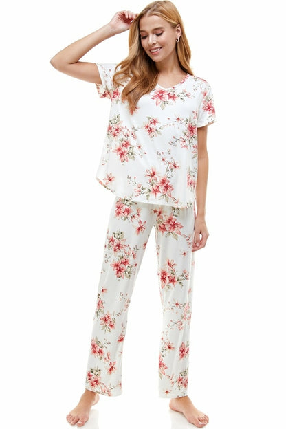 Women's Floral Print Lounge Set - Soft Pajama Top & Pants (Size L)