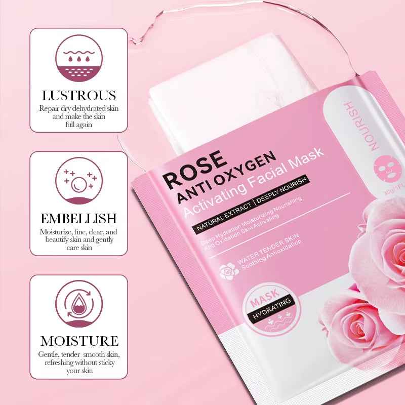 12Pc Rose Flower Extract Face Mask Korean Whitening Sheet Mask Moisturizing Mask Nourishing Skincare Facial Korean Fresh Product