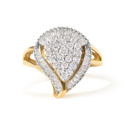 10K Yellow Gold 1 Cttw Round and Baguette Cut Diamond Ballerina Cluster Ring (H-I Color, SI2-I1 Clarity) by Bids.com