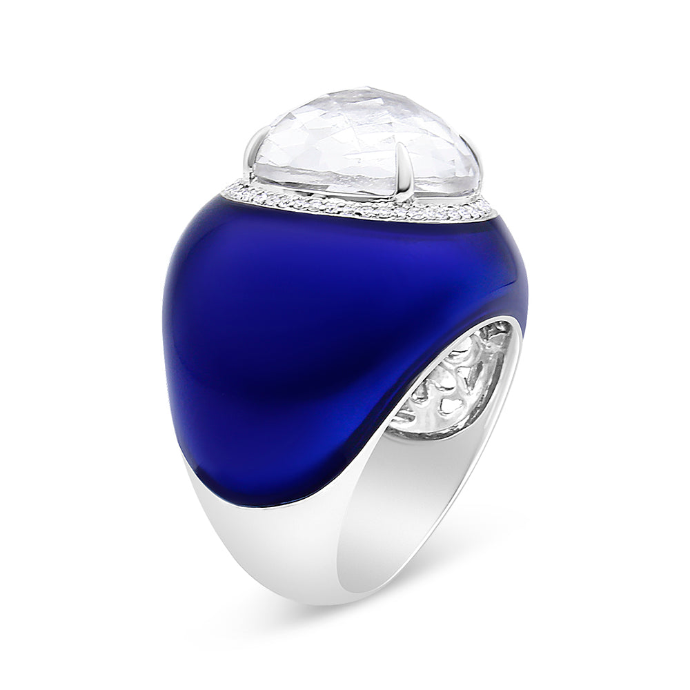 18K White Gold 14mm White Quartz and 1/5 Cttw Diamond Halo with Blue Enamel Dome Ring (F-G Color, VS1-VS2 Clarity) - Ring Size 7 by Bids.com