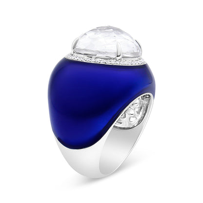 18K White Gold 14mm White Quartz and 1/5 Cttw Diamond Halo with Blue Enamel Dome Ring (F-G Color, VS1-VS2 Clarity) - Ring Size 7 by Bids.com